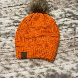 Orange Knit Hat with Faux Fur Pom